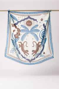 WOOL SCARF "TIGER IN THE PALMERAIE" BLUE/ORANGE