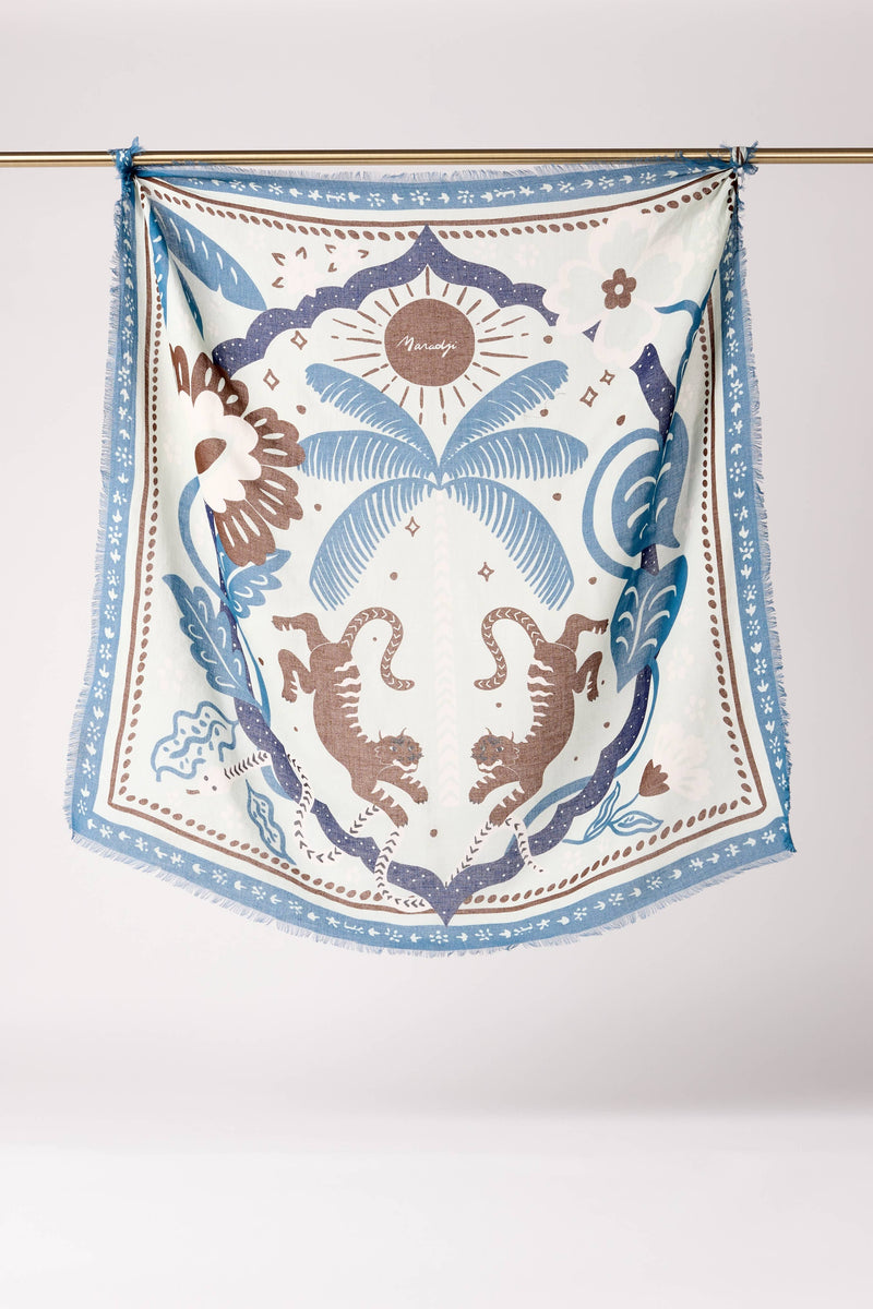 WOOL SCARF "TIGER IN THE PALMERAIE" BLUE/ORANGE