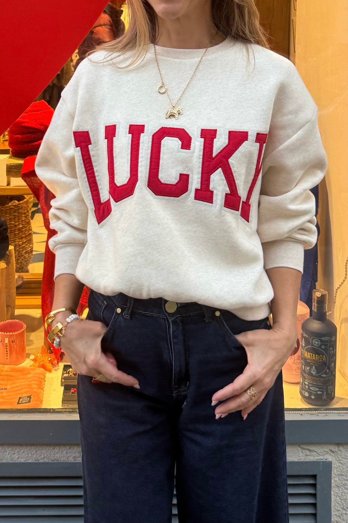 OVERSIZED COTTON SWEATER "LUCKY" BEIGE/RED
