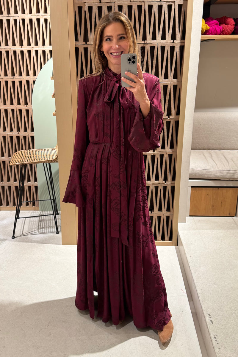 LONG JACQUARD DRESS "ROSES" BORDEAUX