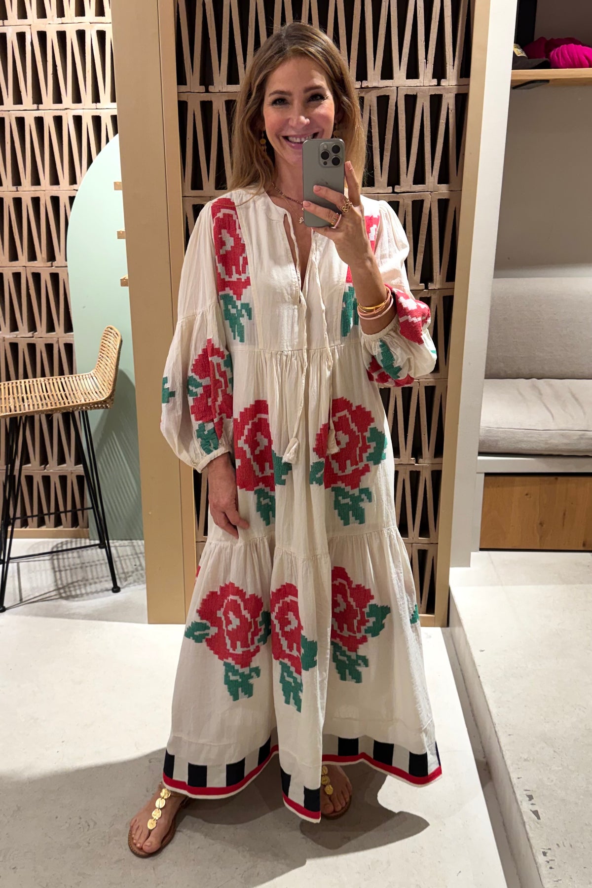 LONG TUNIC DRESS "ROSES" NATURAL/RED/GREEN