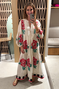LONG TUNIC DRESS "ROSES" NATURAL/RED/GREEN