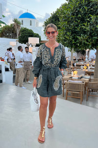 SHORT LINEN DRESS "PAISLEY" KHAKI/WHITE/GOLD