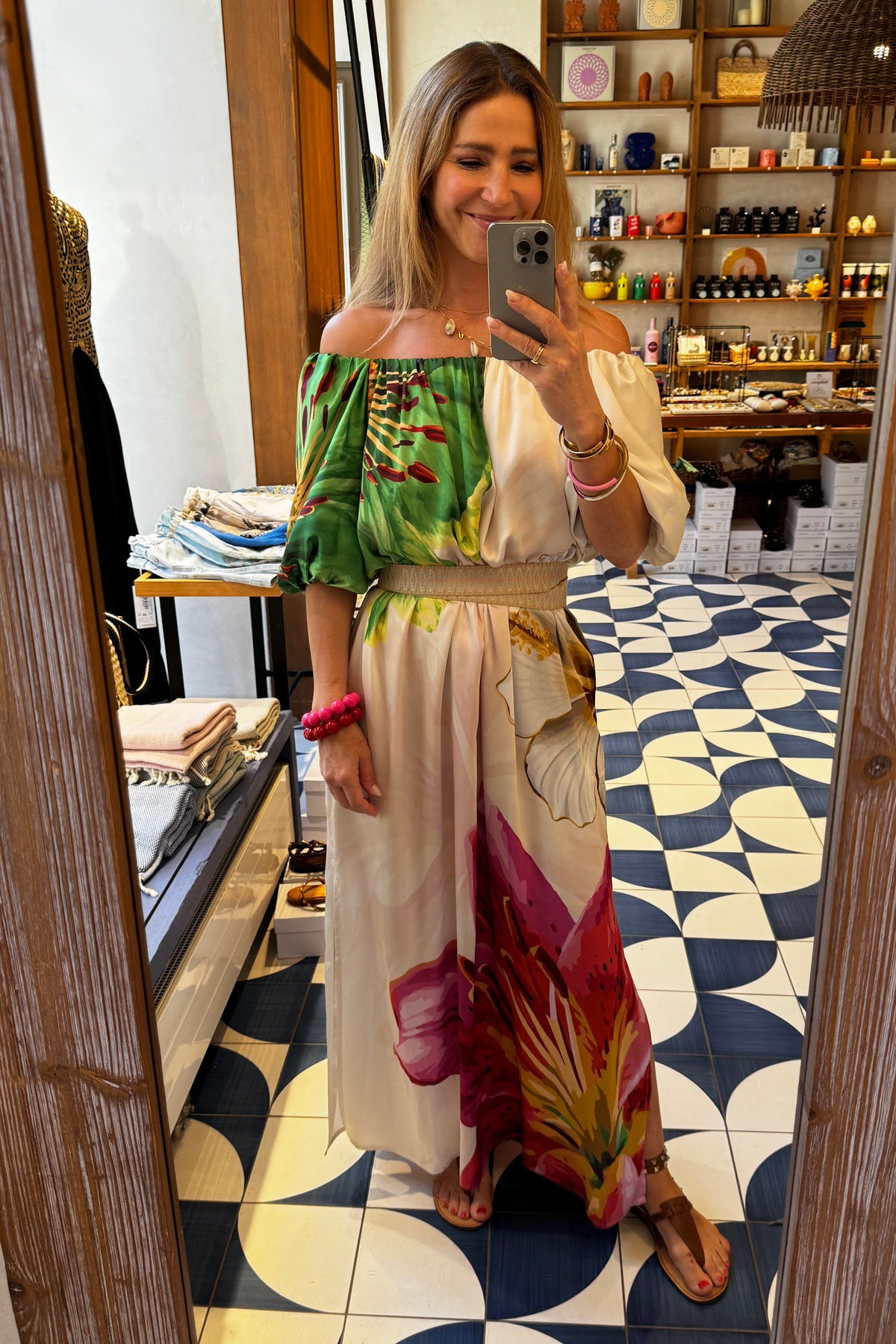 LONG OFF SHOULDER DRESS "BLOSSOM" ECRU/GREEN/FUCHSIA