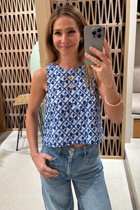 CROPPED EMBROIDERED RAMIE TOP "FLAKES" WHITE/BLUE/CIEL