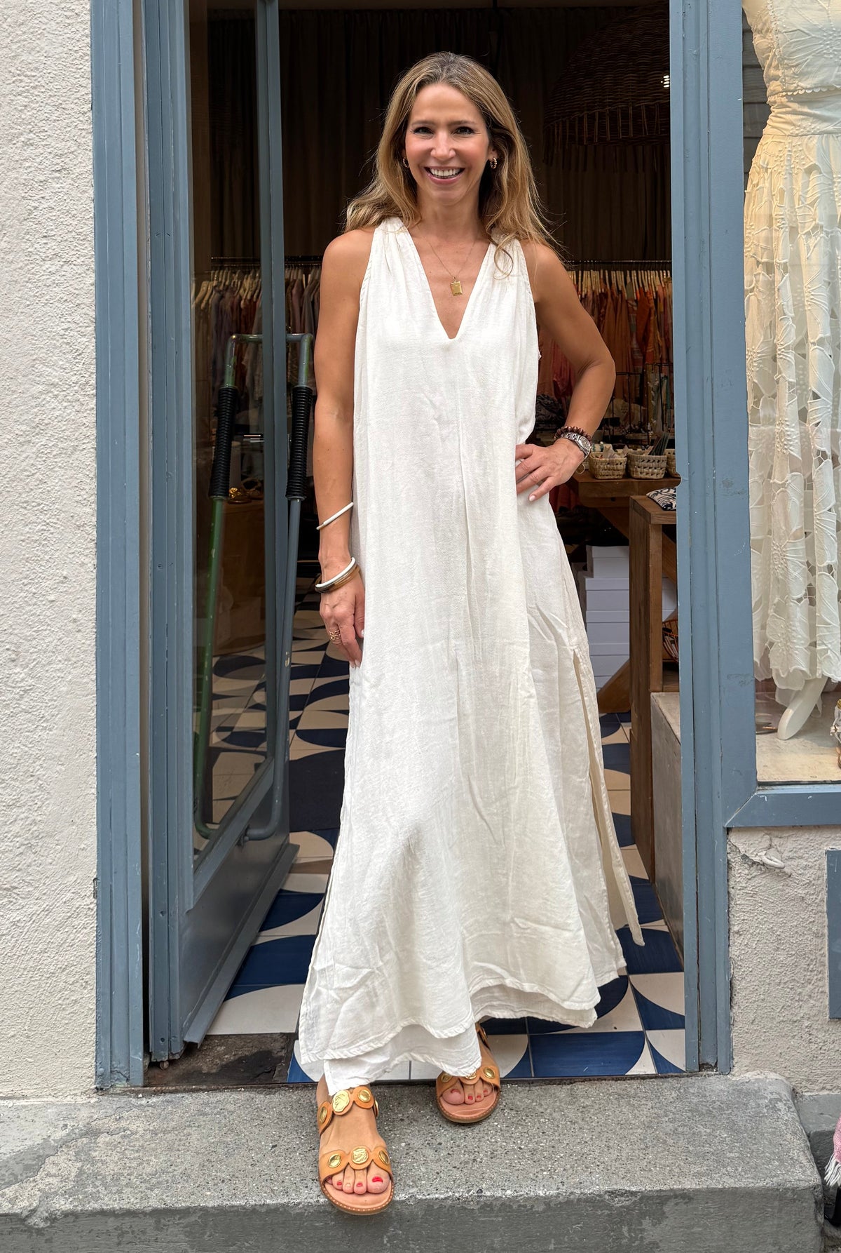 LONG SLEEVELESS MUSSELINE DRESS "SYMI" NATURAL
