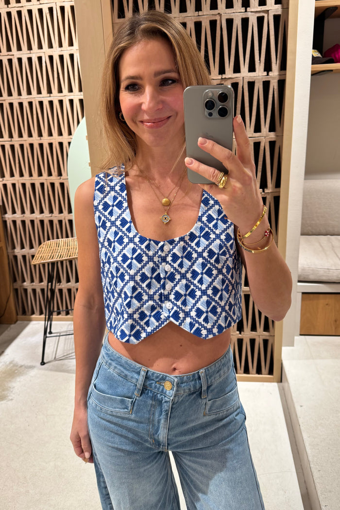 EMBROIDERED RAMIE VEST/TOP "FLAKES" WHITE/BLUE/CIEL