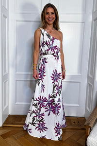 LONG ONE-SHOULDER VISCOSE DRESS "DIANE" WHITE/PURPLE