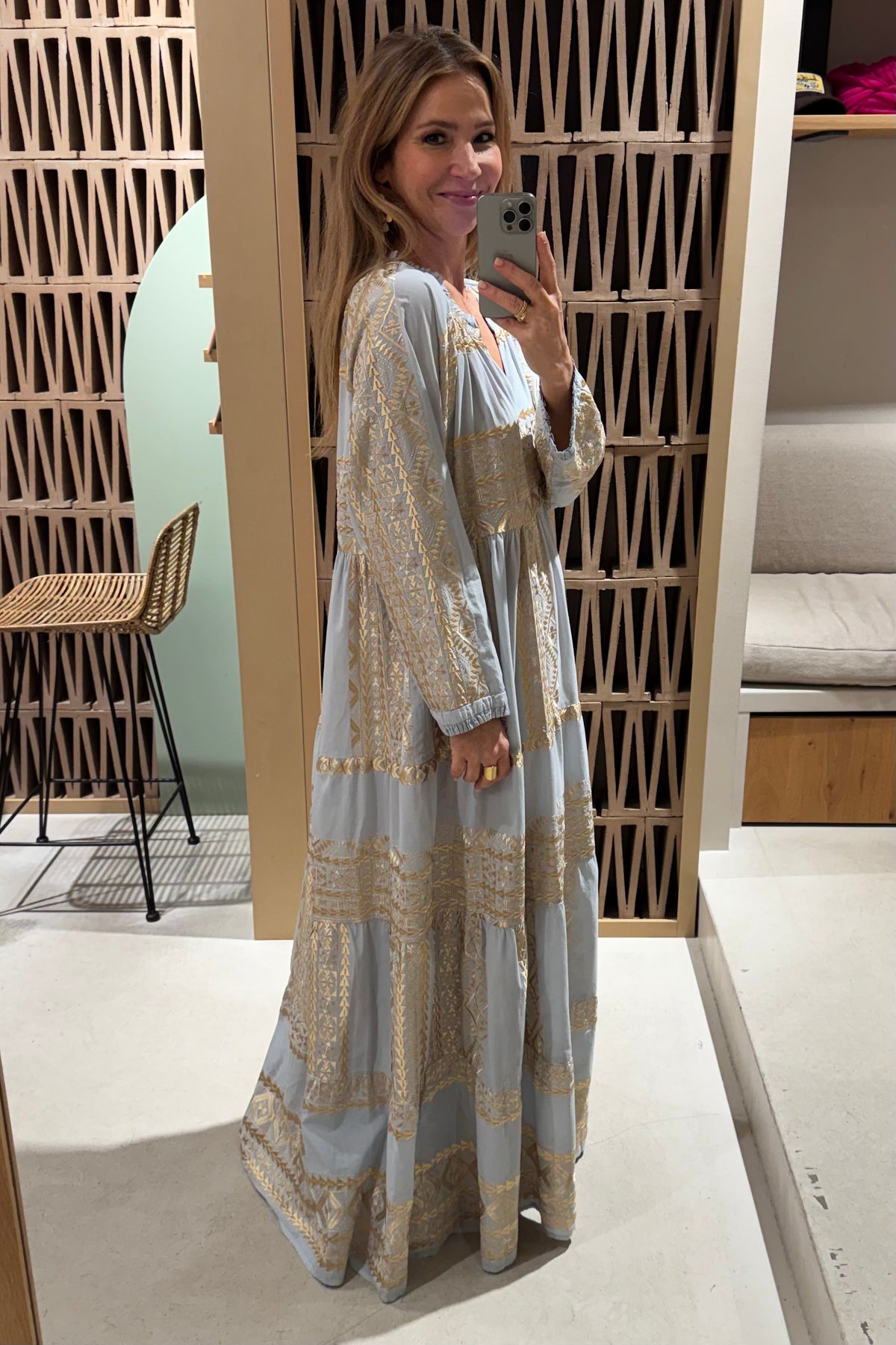 LONG COTTON DRESS "EMBROIDERED" LIGHT GREY/GOLD