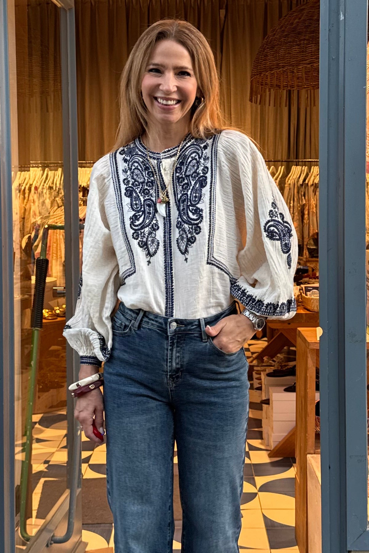 EMBROIDERED COTTON/LINEN BLOUSE SAND/BLUE