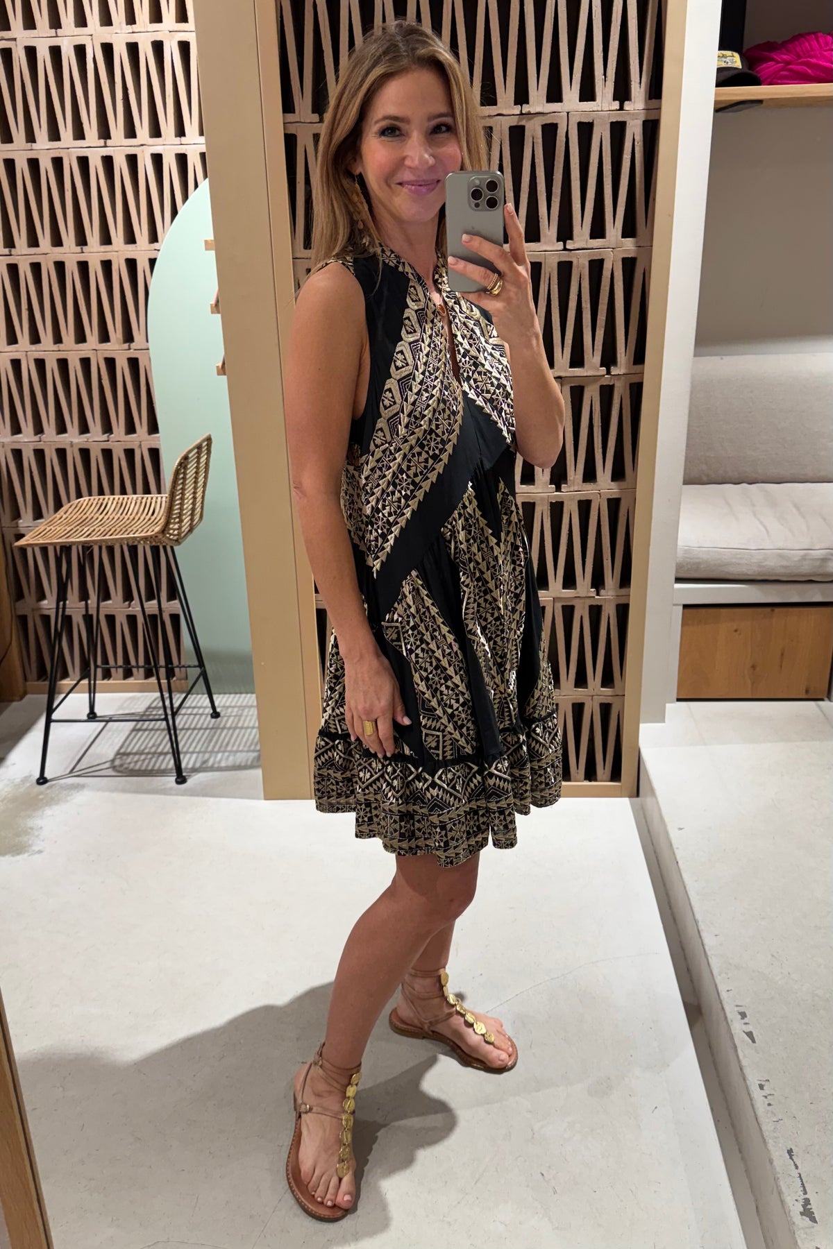 SHORT SLEEVELESS COTTON DRESS "EMBROIDERED" BLACK/GOLD