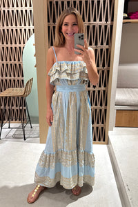 STRAPPY MIDI COTTON DRESS WITH RUFFLES "EMBROIDERED" CIEL/GOLD