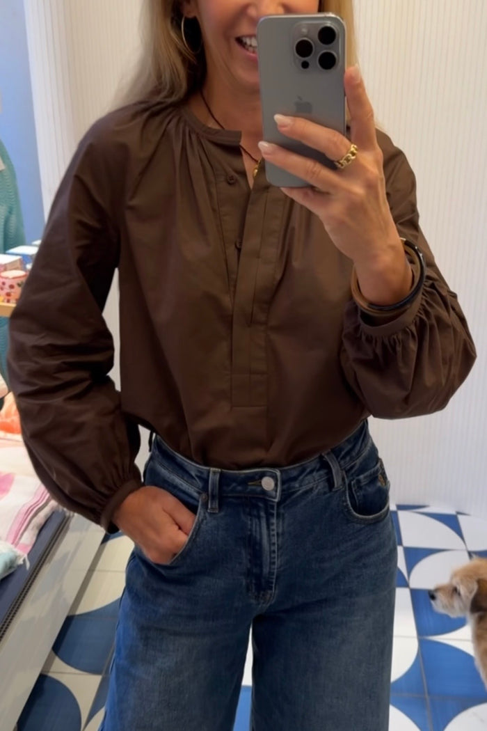 COTTON BLOUSE WITH BALLOON SLEEVES CHOCOLATE