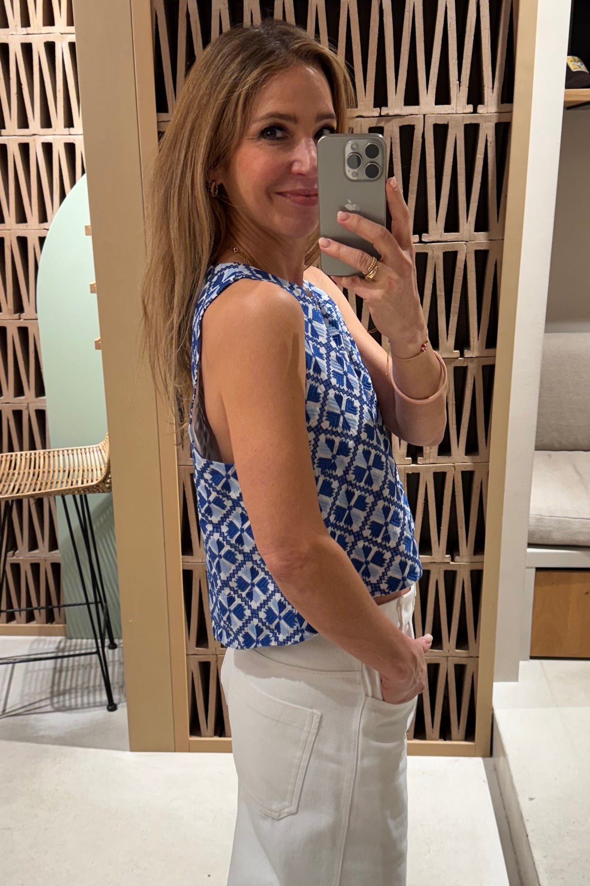 CROPPED EMBROIDERED RAMIE TOP "FLAKES" WHITE/BLUE/CIEL