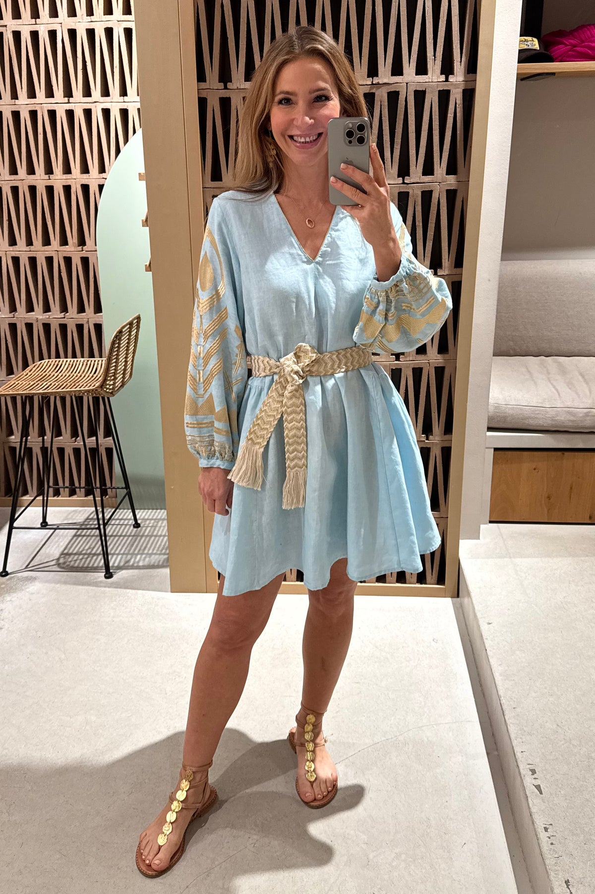 SHORT LINEN DRESS WITH BALLON SLEEVES "FEATHER" CIEL/GOLD