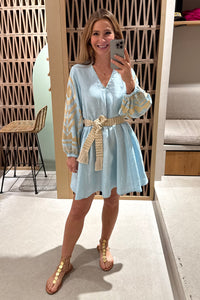 SHORT LINEN DRESS WITH BALLON SLEEVES "FEATHER" CIEL/GOLD