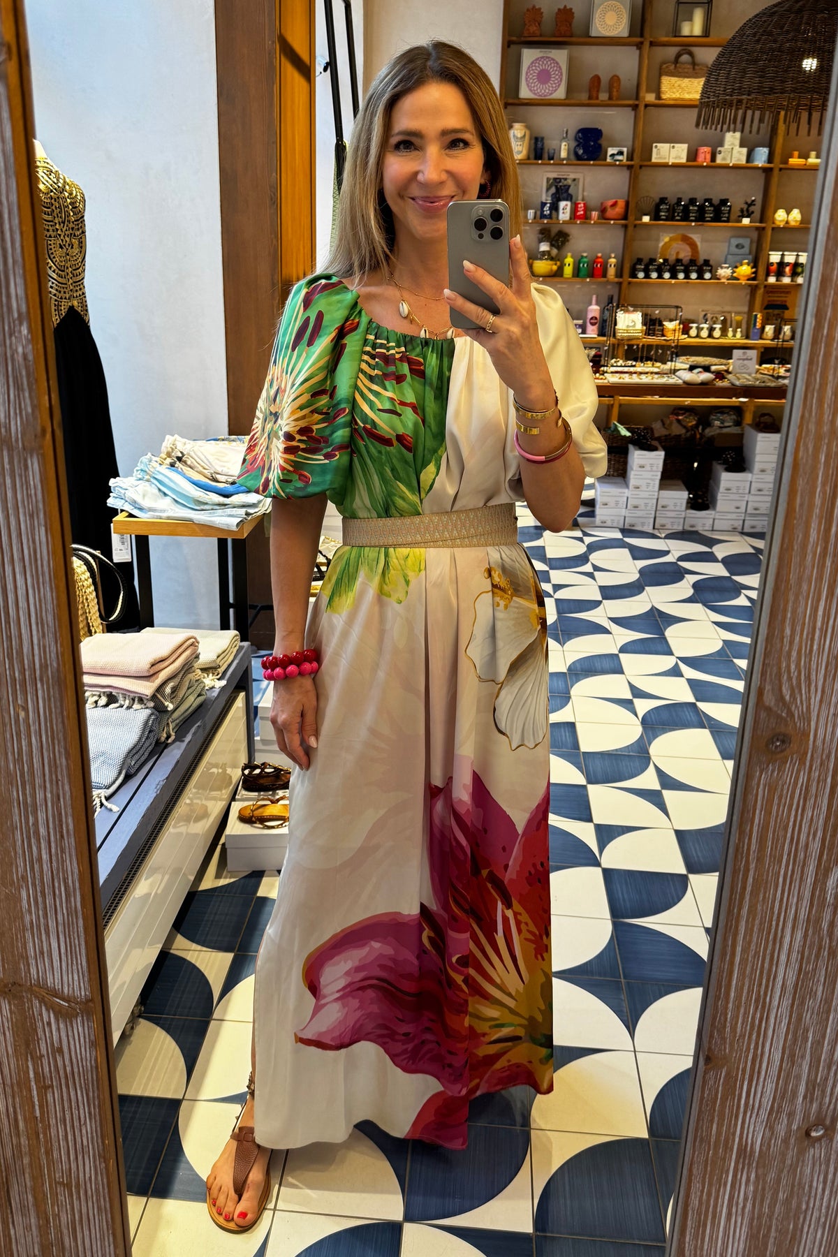 LONG OFF SHOULDER DRESS "BLOSSOM" ECRU/GREEN/FUCHSIA