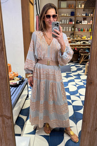 MIDI COTTON DRESS WITH BALLON SLEEVES "EMBROIDERED" LIGHT GREY/PINK