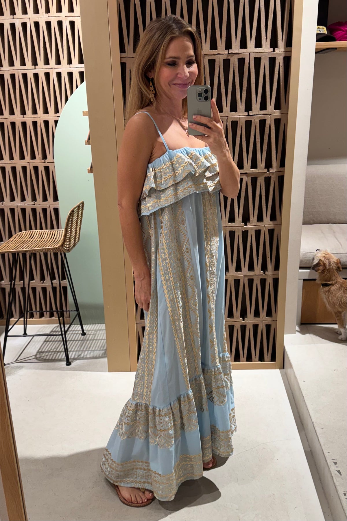 STRAPPY MIDI COTTON DRESS WITH RUFFLES "EMBROIDERED" CIEL/GOLD