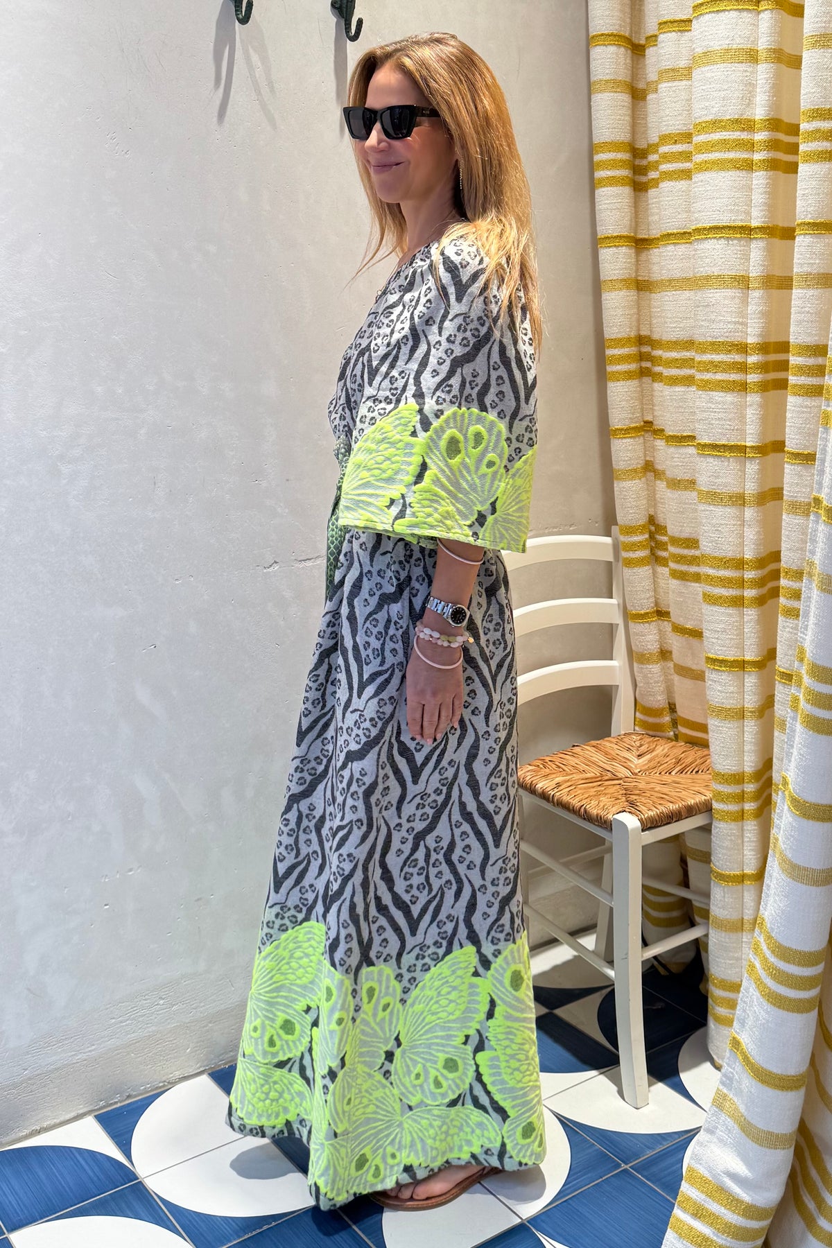LONG WOVEN ONE SHOULDER DRESS BLACK/FLUO YELLOW