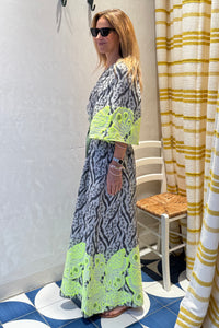 LONG WOVEN ONE SHOULDER DRESS BLACK/FLUO YELLOW