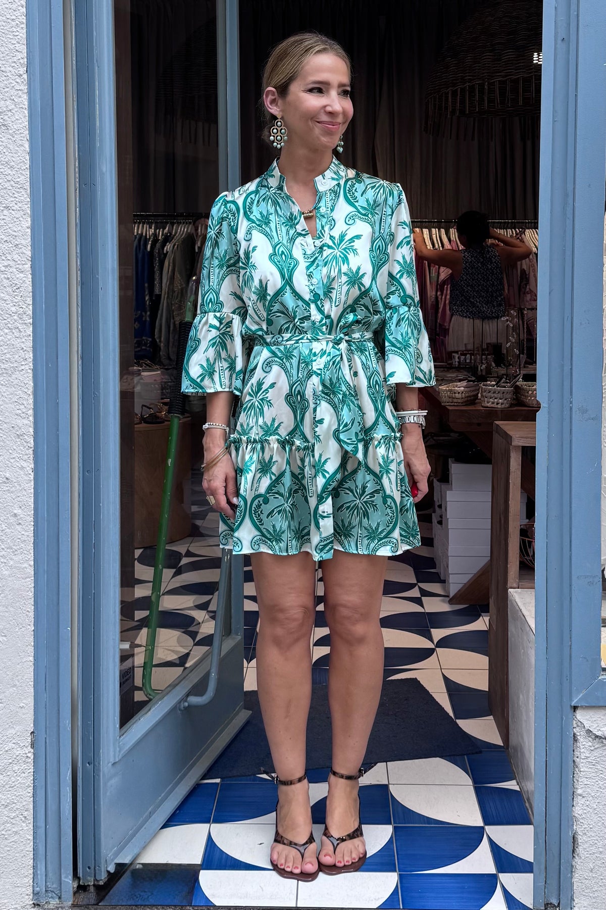 SILKY MINI DRESS "PALMS" GREEN/ECRU