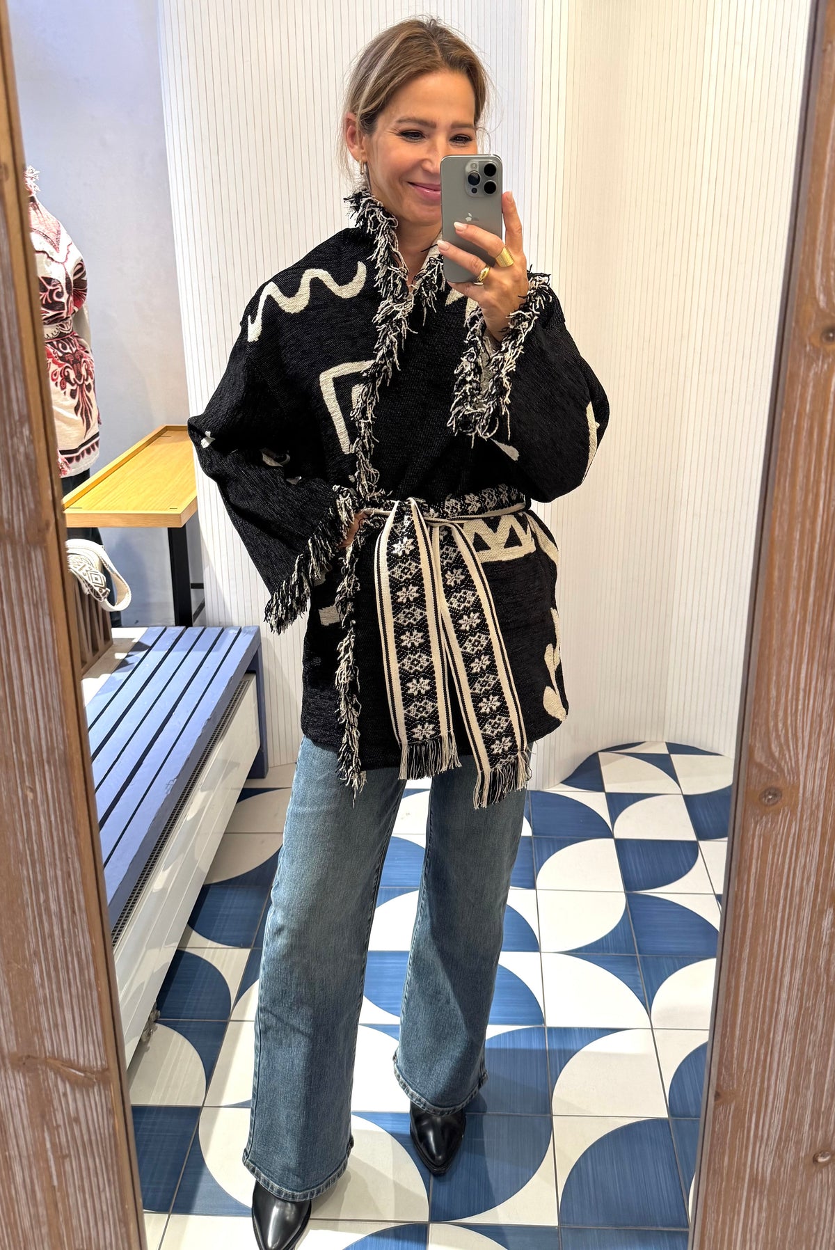 JACQUARD KIMONO JACKET "HESTIA" BLACK/ECRU