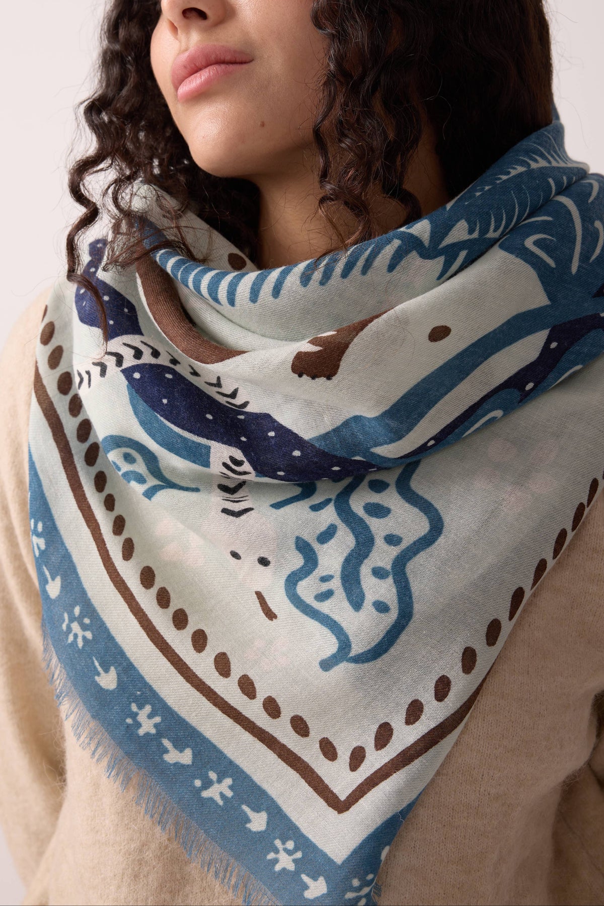 WOOL SCARF "TIGER IN THE PALMERAIE" BLUE/ORANGE