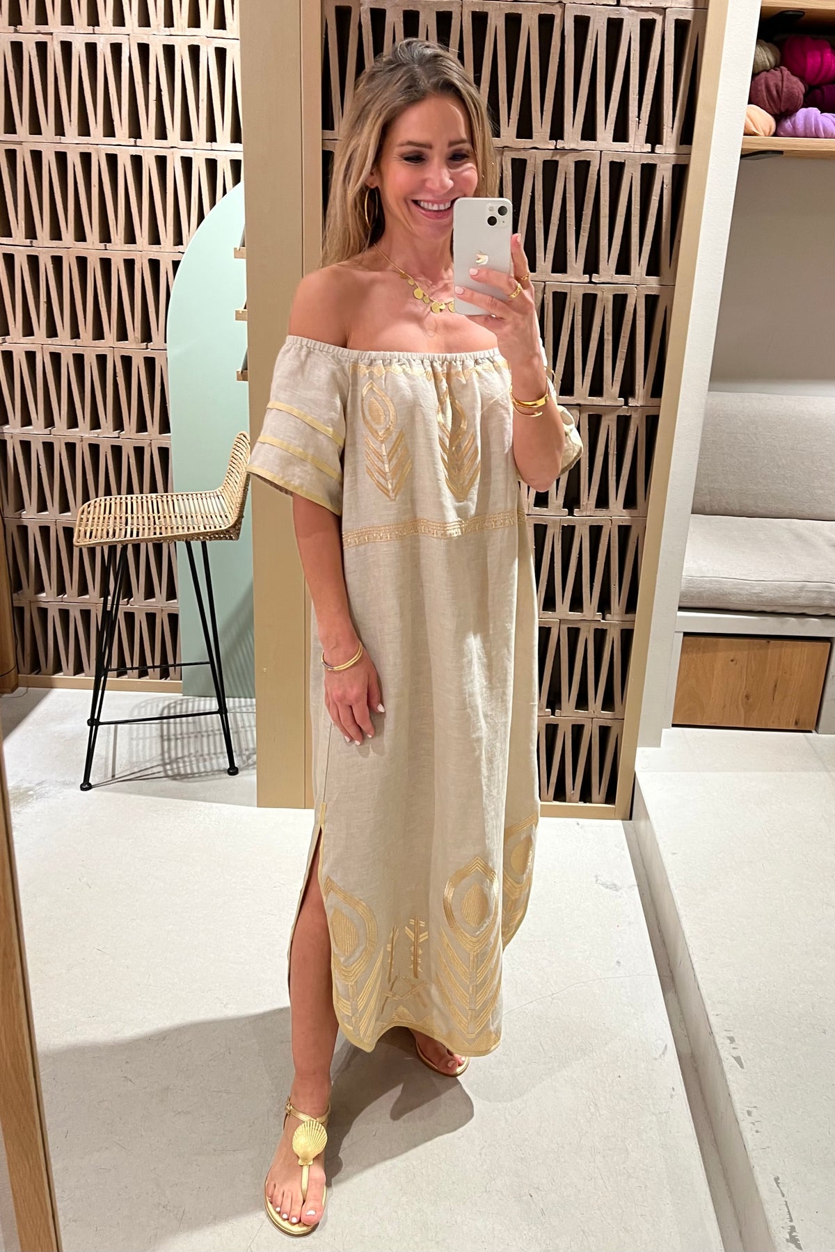 OFF SHOULDER LINEN DRESS "FEATHER" SAND/GOLD