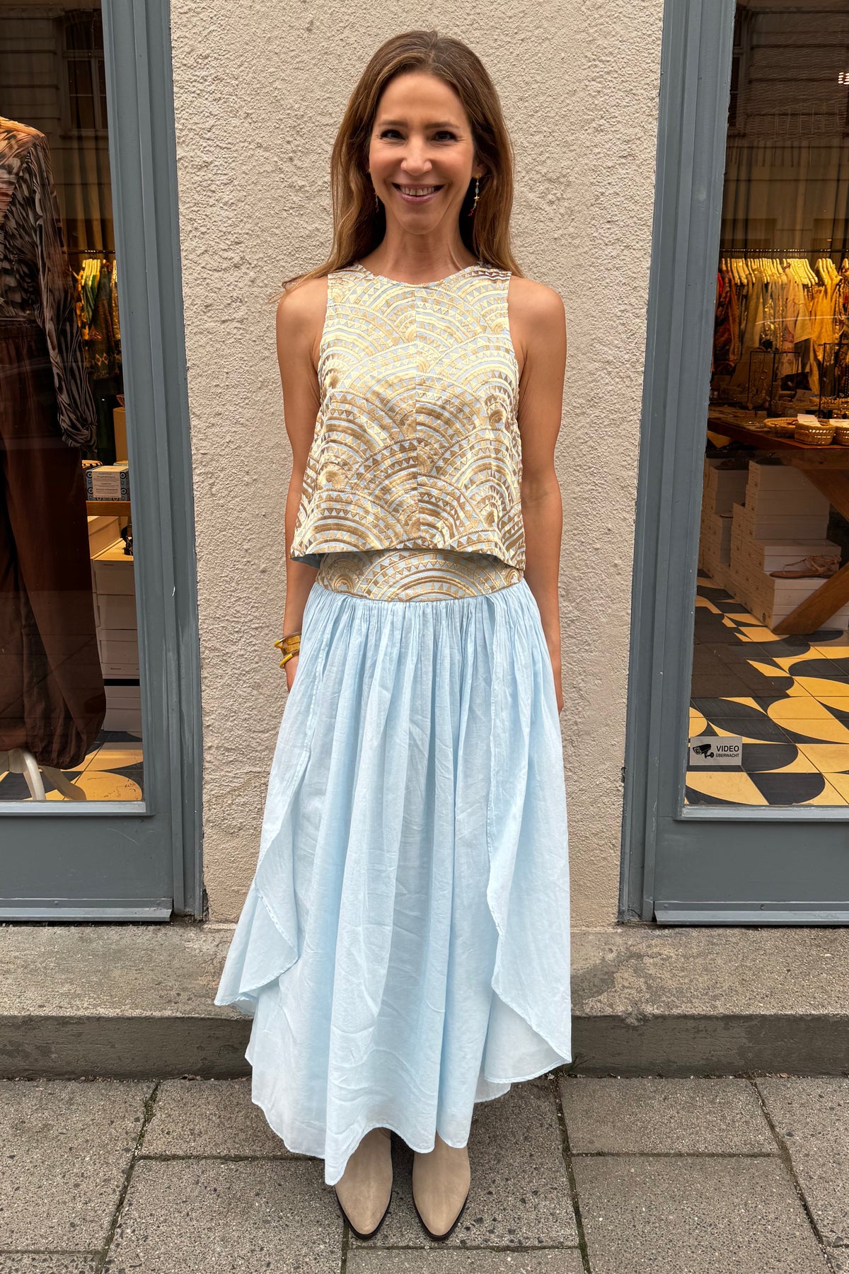 MIDI COTTON SKIRT "TRIANGLE" CIEL/GOLD