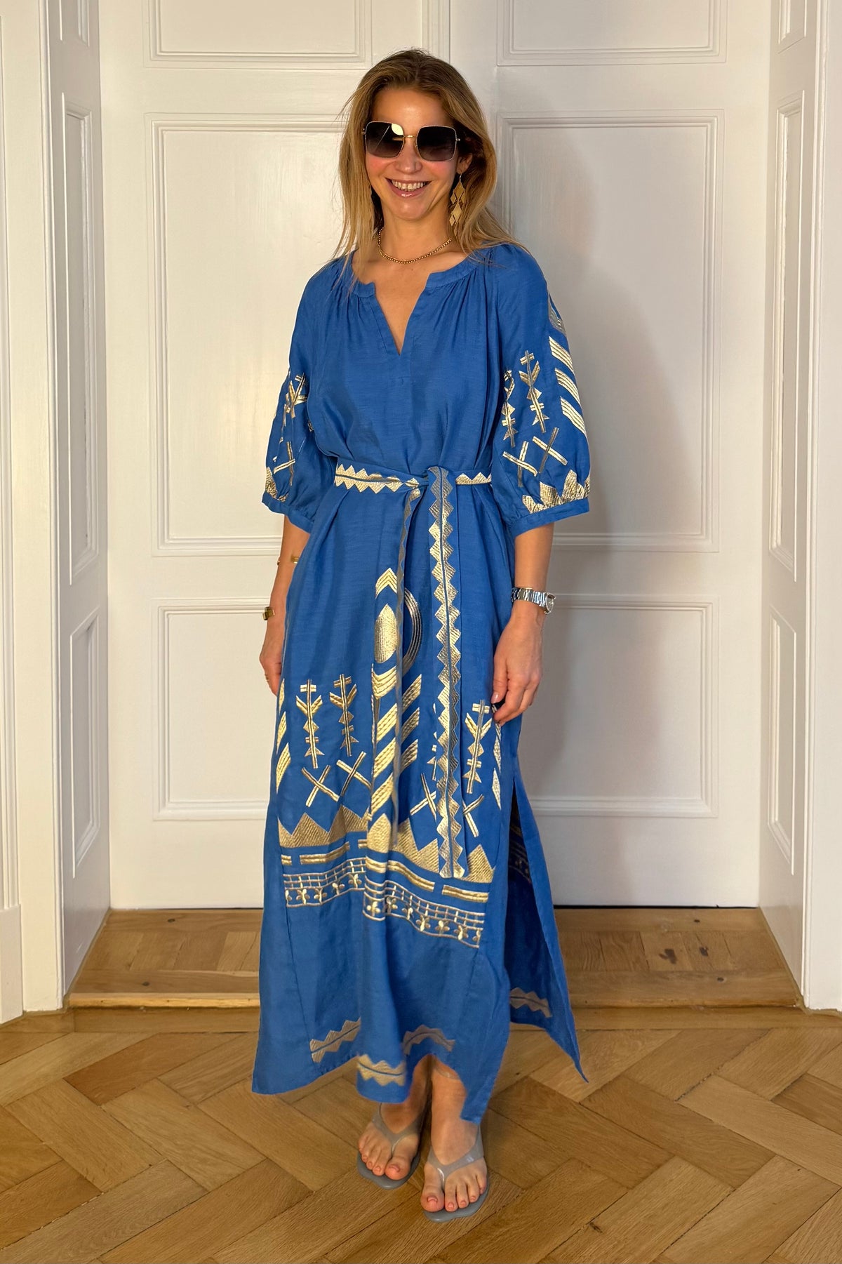 LONG LINEN KAFTAN DRESS "FEATHER" BLUE RAF/GOLD