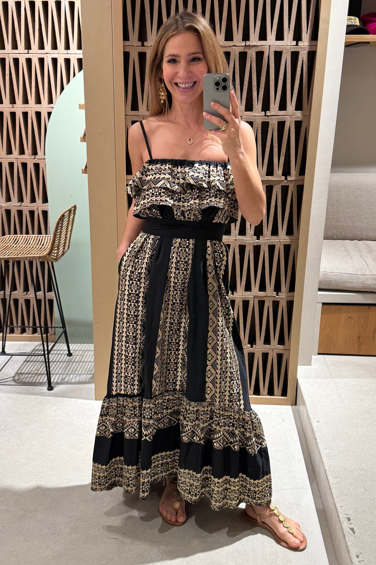 STRAPPY MIDI COTTON DRESS WITH RUFFLES "EMBROIDERED" BLACK/GOLD