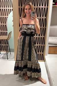 STRAPPY MIDI COTTON DRESS WITH RUFFLES "EMBROIDERED" BLACK/GOLD