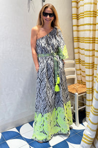 LONG WOVEN ONE SHOULDER DRESS BLACK/FLUO YELLOW