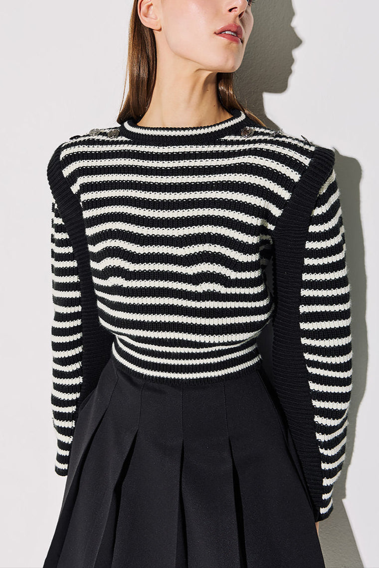 CROPPED KNIT PULLOVER "STRIPES" BLACK/WHITE