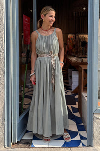 LONG SLEEVELESS COTTON DRESS "GAUZE" STONE