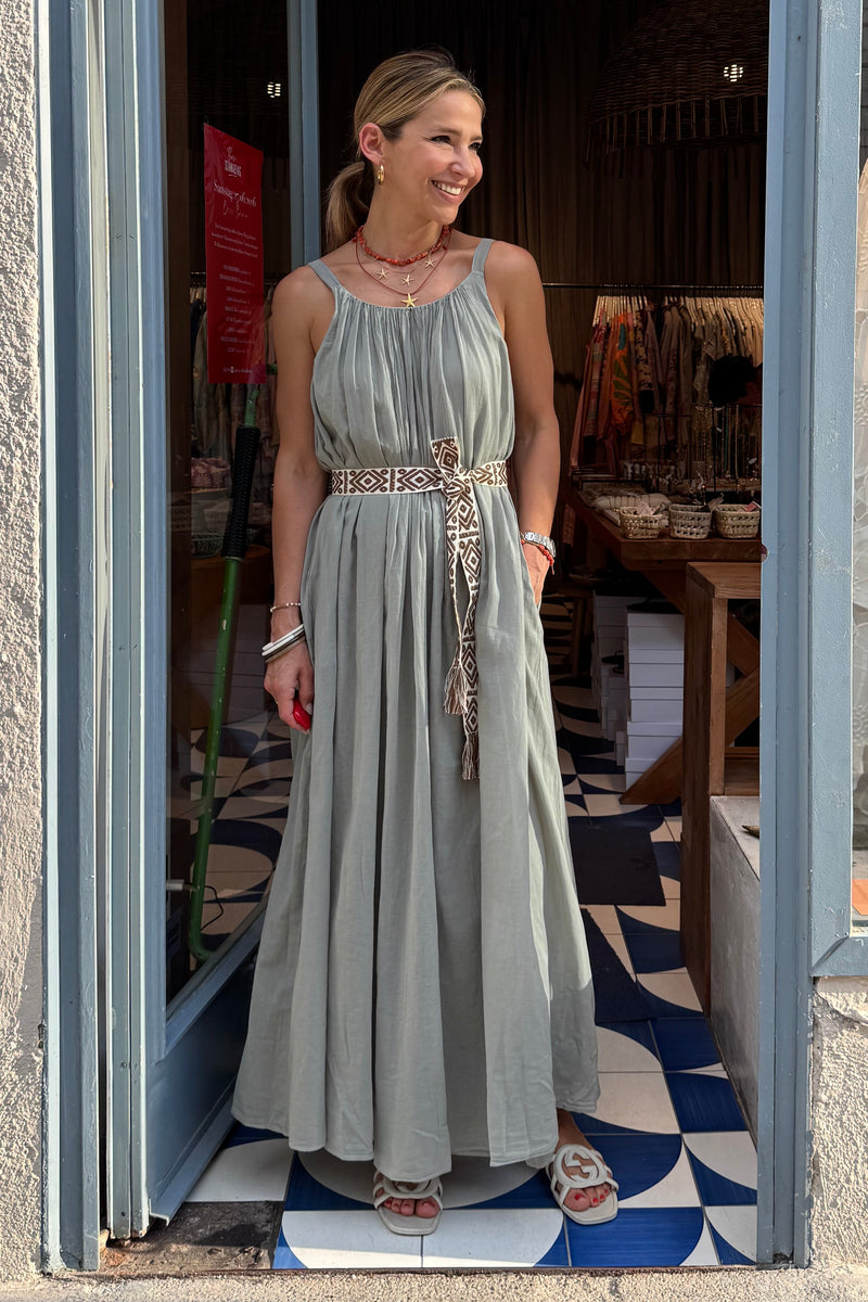 LONG SLEEVELESS COTTON DRESS "GAUZE" STONE