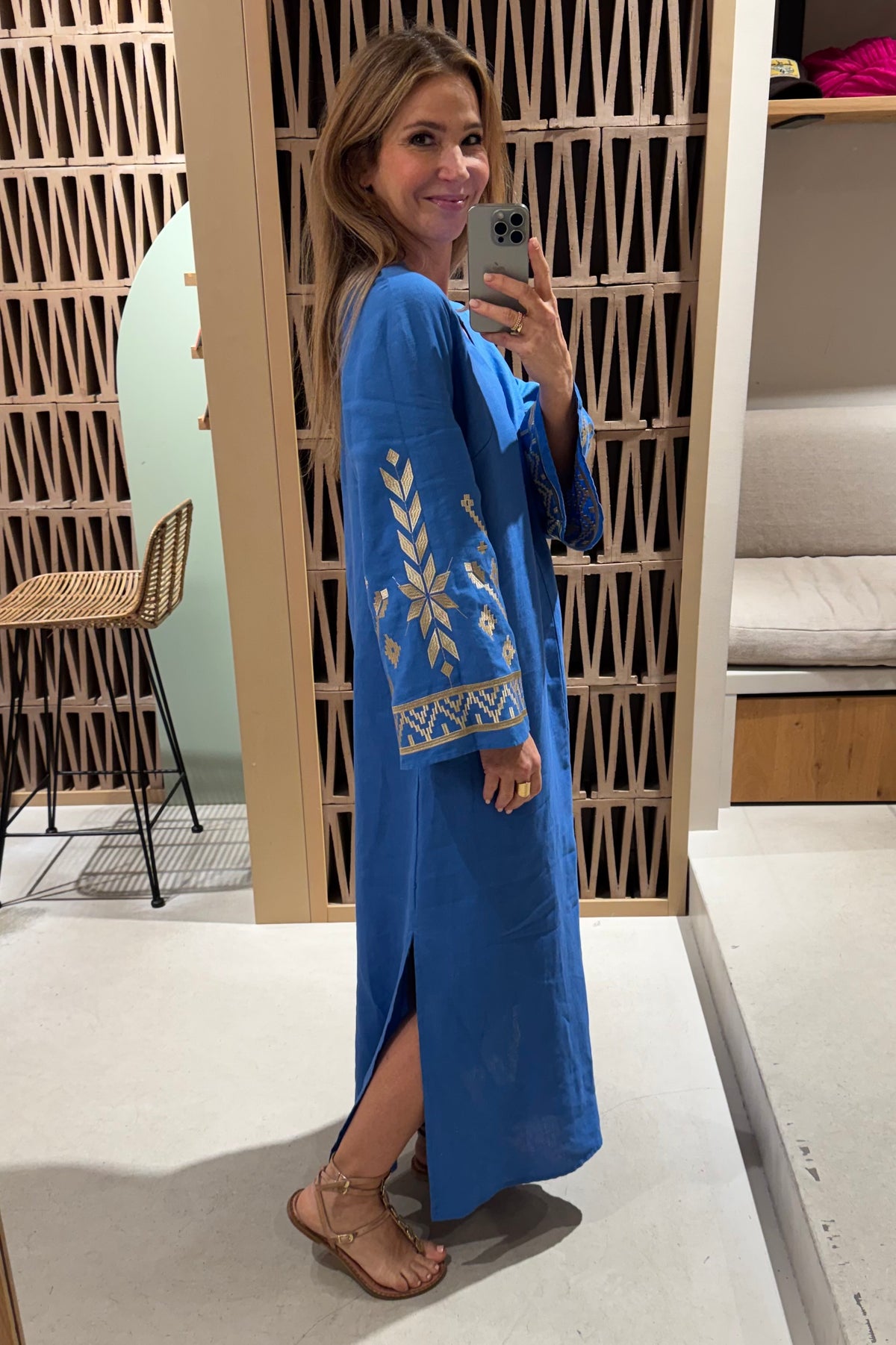 LONG LINEN KAFTAN DRESS "IOS" BLUE RAF/GOLD
