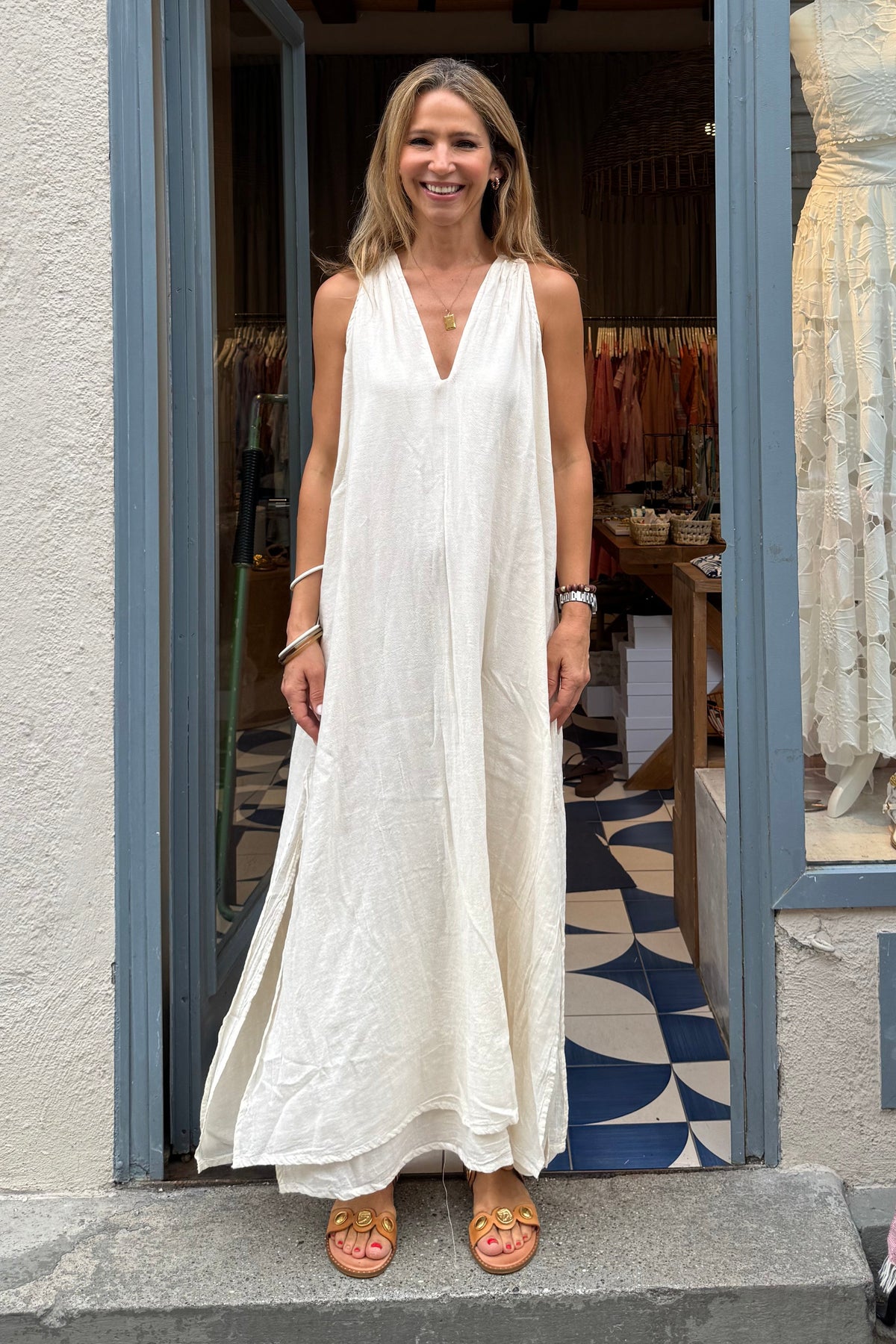 LONG SLEEVELESS MUSSELINE DRESS "SYMI" NATURAL