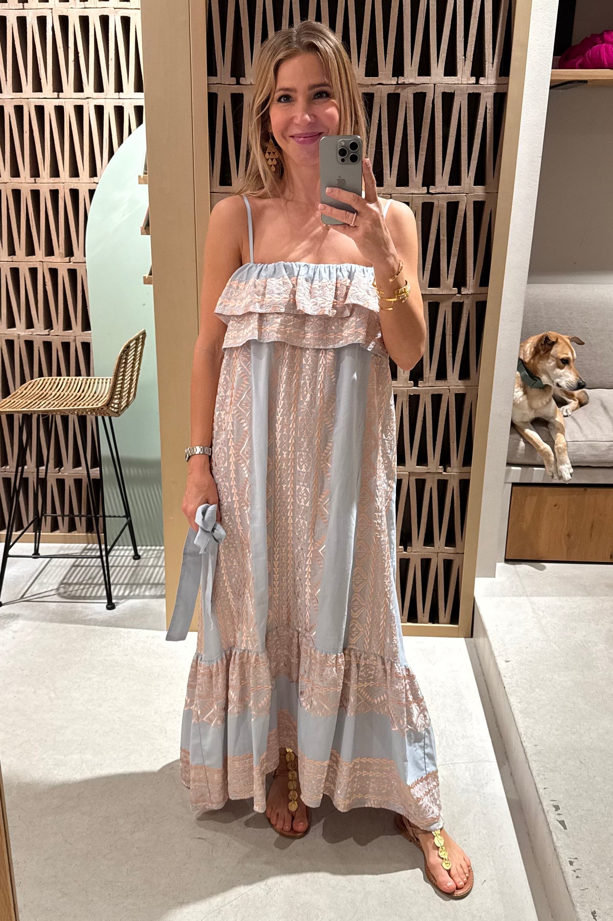 STRAPPY MIDI COTTON DRESS WITH RUFFLES "EMBROIDERED" LIGHT GREY/PINK