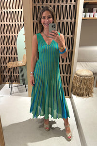 MIDI V-NECK VISCOSE KNIT DRESS "MILOS" GREEN/BLUE