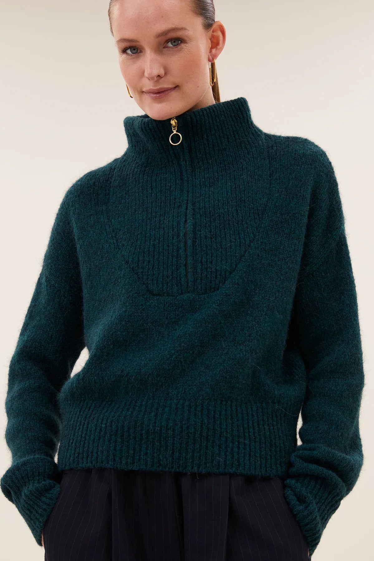 OVERSIZED PULLOVER WITH ZIPPER FOREST GREEN