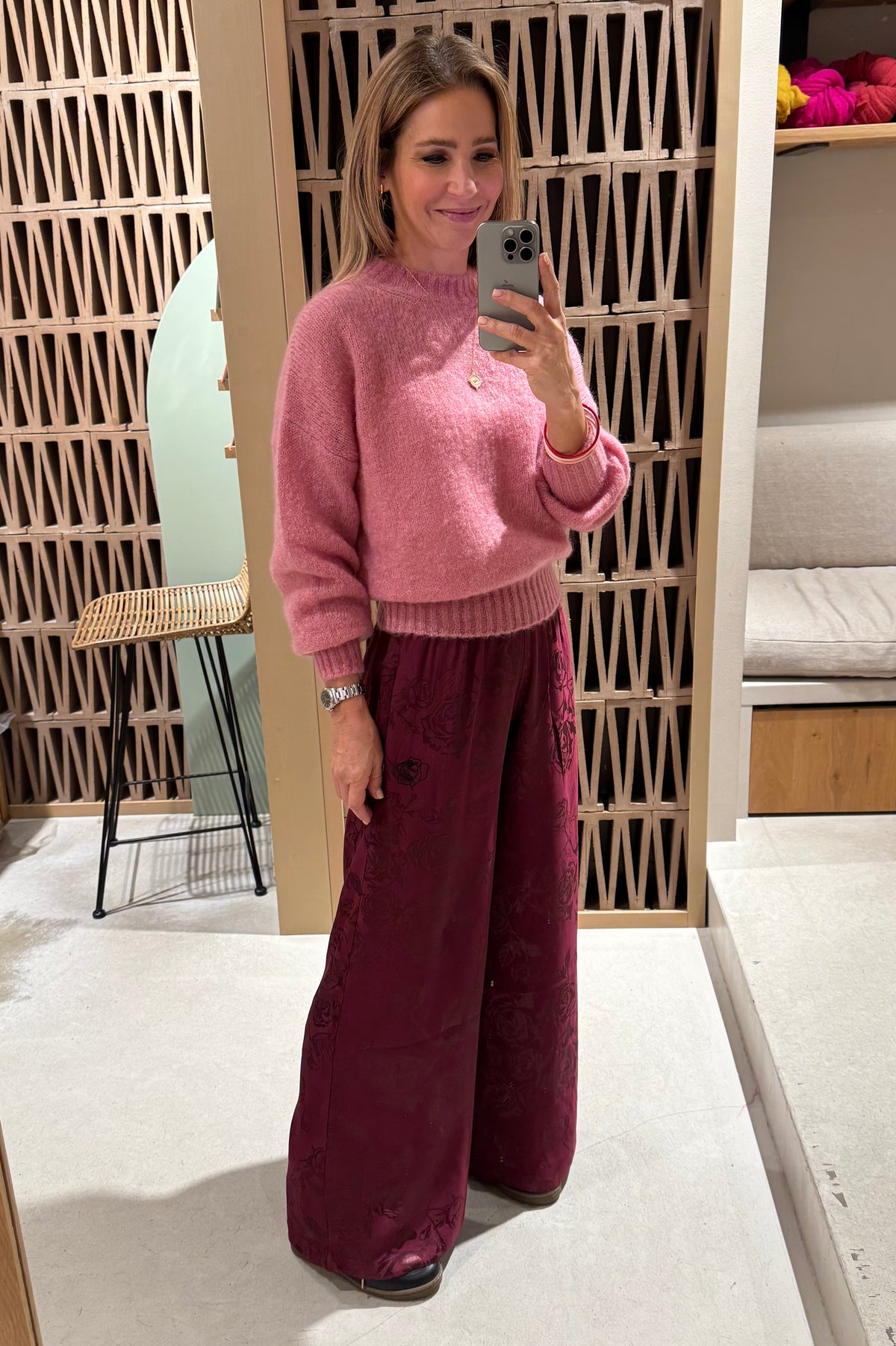 VISCOSE JACQUARD WIDE LEG PANTS "ROSES" BORDEAUX