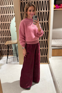 VISCOSE JACQUARD WIDE LEG PANTS "ROSES" BORDEAUX