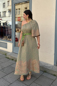 LONG WOVEN ONE SHOULDER DRESS OLIVE/BRONZE