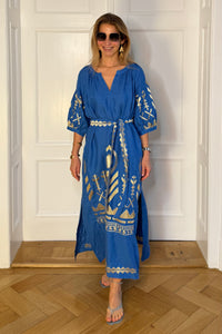 LONG LINEN KAFTAN DRESS "FEATHER" BLUE RAF/GOLD