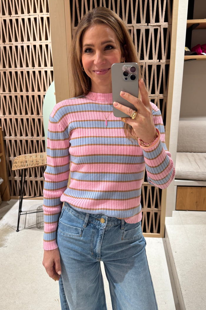 SLIM RIBBED PULLOVER "STRIPES" LIGHT BLUE/ROSE