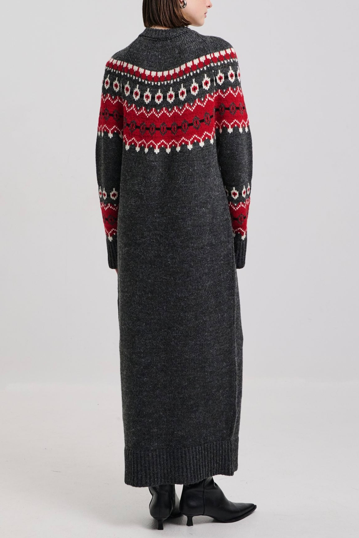 KNITTED LONG DRESS "JACQUARD" GREY/RED