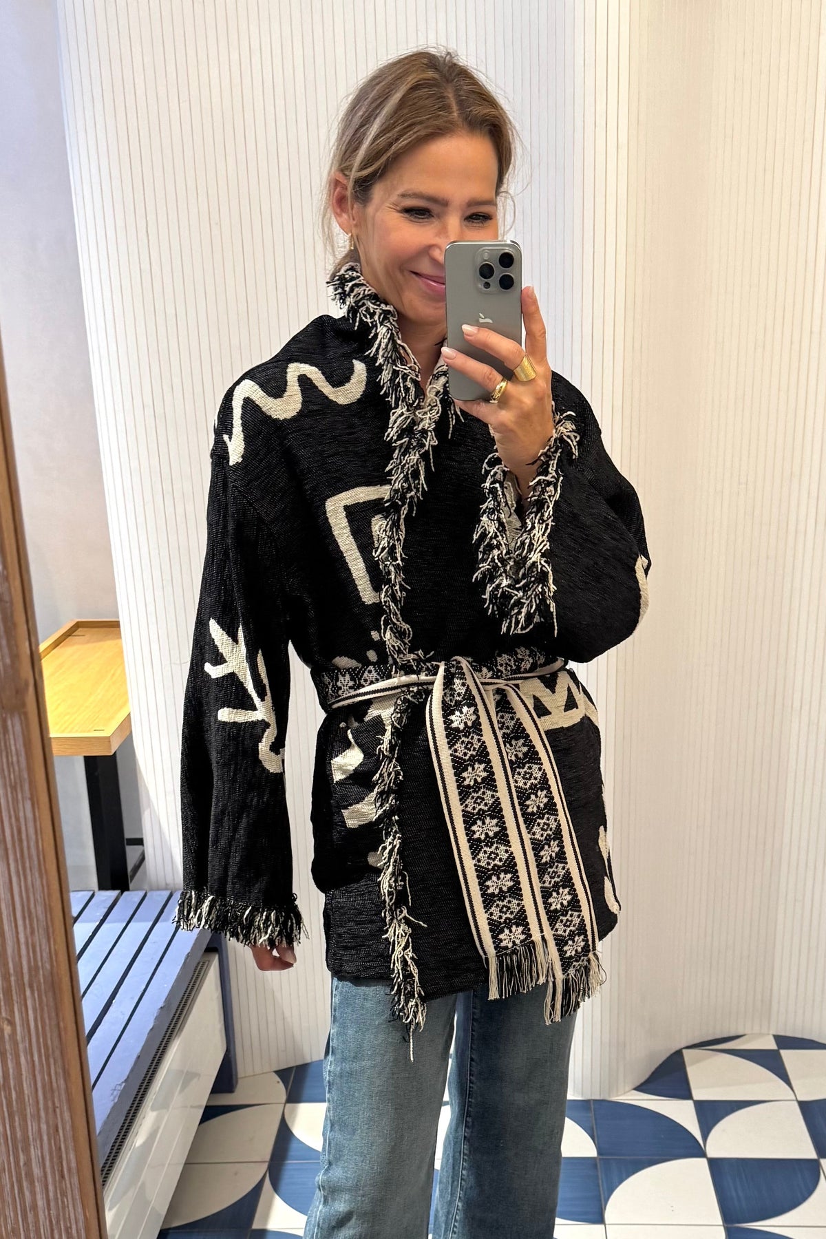 JACQUARD KIMONO JACKET "HESTIA" BLACK/ECRU