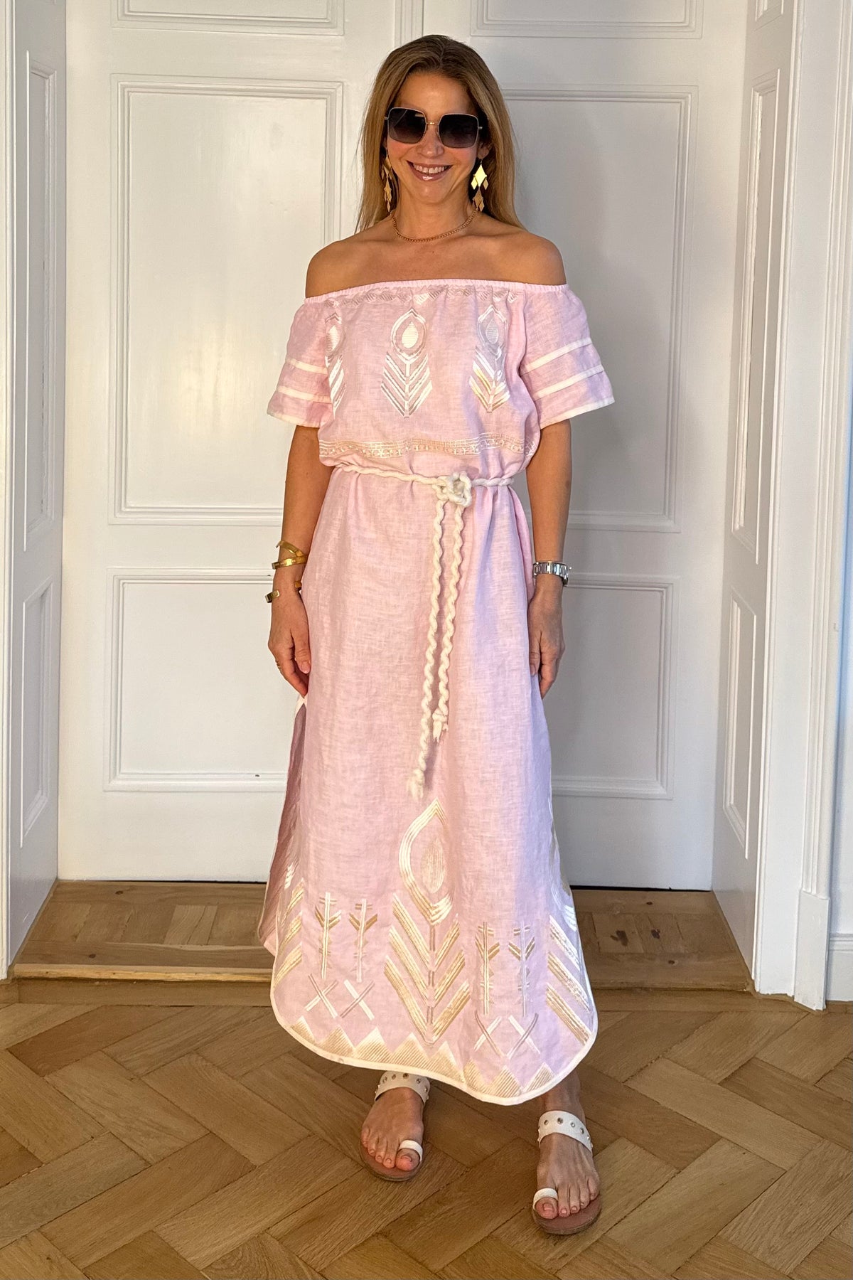 OFF SHOULDER LINEN DRESS "FEATHER" PINK/CHAMPAGNE